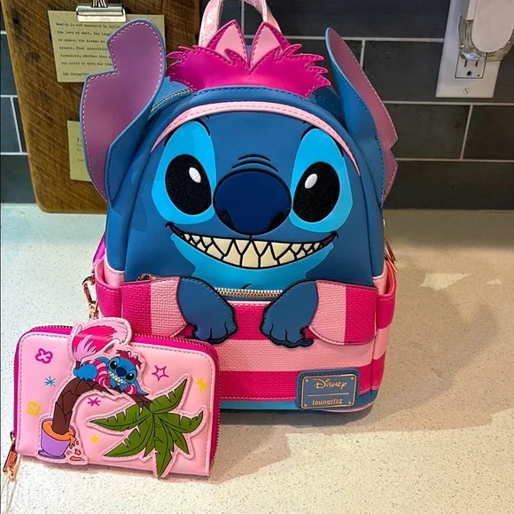 Disney 100 Stitch as Cheshire Cat Lounegfly Backpack and Wallet set Loungefly Disney100 Platinum Cheshire Cat Mini Backpack/LE  main image 2